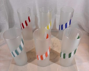 Vintage Libbey Candy Stripe Frosted Highball Glasses - Set of 6 Rainbow