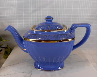 Vintage Hall China Hollywood Teapot, 6 cup - Periwinkle Blue with 22k Gold Web Crackle Detail