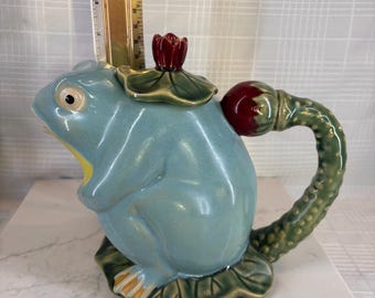 Vintage Henrickson Imports Majolica Frog Teapot with Lily Pad Lid