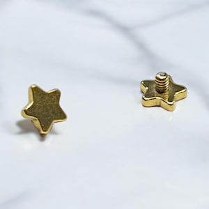 Set of 2 Flat GOLD STAR Top 4mm TITANIUM Ends - 14g 12g Bars - Internally Threaded Barbell Nut Ball End - Body Piercing Jewelry Supplies