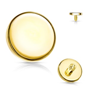 May include: Gold-toned circular dermal piercing top with a flat surface and a threaded post. The top is designed to be used with a dermal anchor.