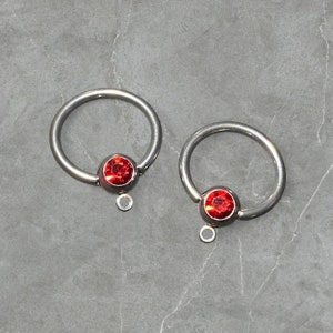 Add a Charm Nipple Rings with RED Crystal 16G Captive Beads Rings SET of 2 - 1/2” 5/8” CBR - Body Piercing Jewelry Supplies