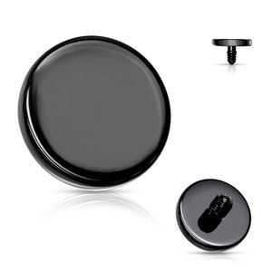 May include: Black circular dermal top with a flat surface and a threaded post. The top is made of surgical steel and is designed for use with dermal anchors.