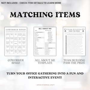 An Etsy image listing photo featuring Office Team Building Games, Printable How Well Do You Know Your Team, Staff Meeting Trivia, Coworker Activity Ice Breaker Office Party Games for a digital product for sale by Arvee Ethereal Craft.