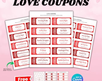 Afdrukbaar couponboek voor koppels, bewerkbare liefdescoupons, verjaardag valentijnscadeaus voor haar hem, liefdesvouchers, aanpasbare canva-sjabloon