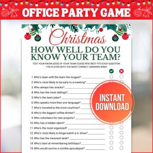 Può includere: Un gioco stampabile per la festa di Natale in ufficio con il testo "How Well Do You Know Your Team?". Il gioco include domande a completamento e un cerchio con la scritta "Download istantaneo". La parte superiore del gioco riporta le parole "Office Party Game" e "Christmas".