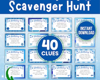 Indoor Scavenger Hunt, Printable Indoor Treasure Hunt Clues for Kids Teens, Riddle Clues Cards Puzzle, Blue Birthday Boy Party Games for Him