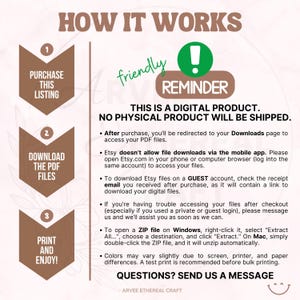 K&ouml;nnte beinhalten: Infografik mit Anweisungen zum Kauf, Download und Druck eines digitalen Produkts. Der Text lautet: &bdquo;Dies ist ein digitales Produkt. Es werden keine physischen Produkte versendet.&ldquo; Das Bild ist in Braunt&ouml;nen gehalten.