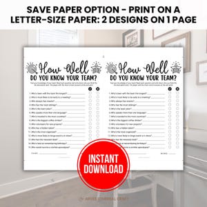 An Etsy image listing photo featuring Office Team Building Games, Printable How Well Do You Know Your Team, Staff Meeting Trivia, Coworker Activity Ice Breaker Office Party Games for a digital product for sale by Arvee Ethereal Craft.