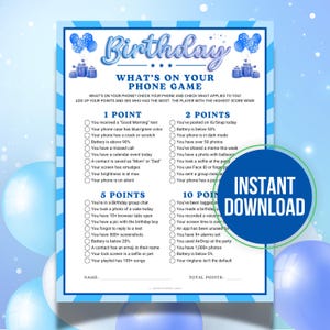 Birthday What’s On Your Phone Game, Printable Cell Phone Game, What&#39;s In Your Phone Ice Breaker Games, Blue Boy Birthday Party Games for Him