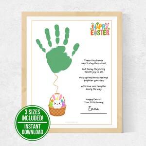 May include: A framed Easter-themed print with a green handprint connected to a basket with a bunny and eggs. The print includes the text "Happy Easter!" and "3 Sizes Included! Instant Download."