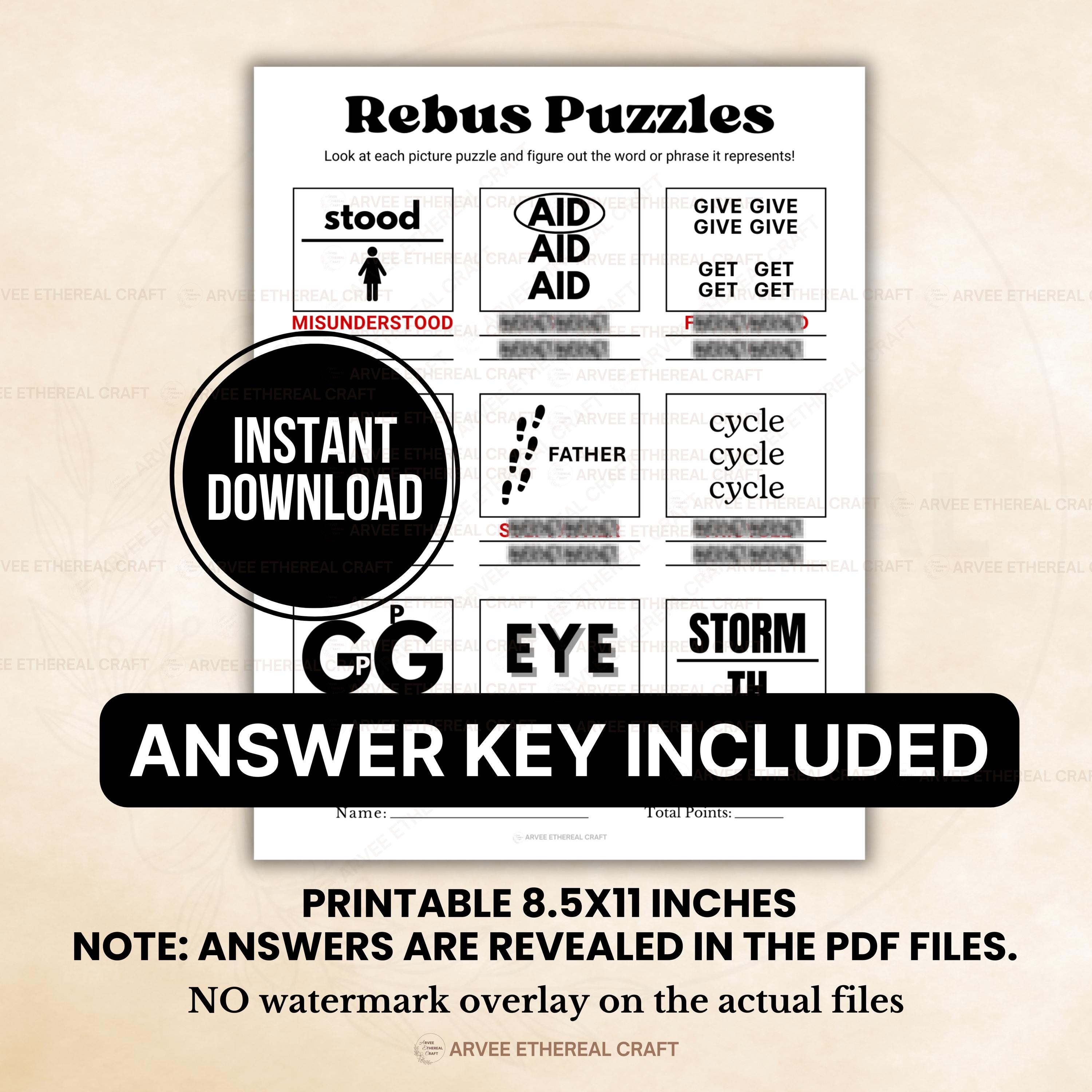Printable Rebus Puzzles Game, Picture Puzzle Quiz, Rebus Games, Pub ...