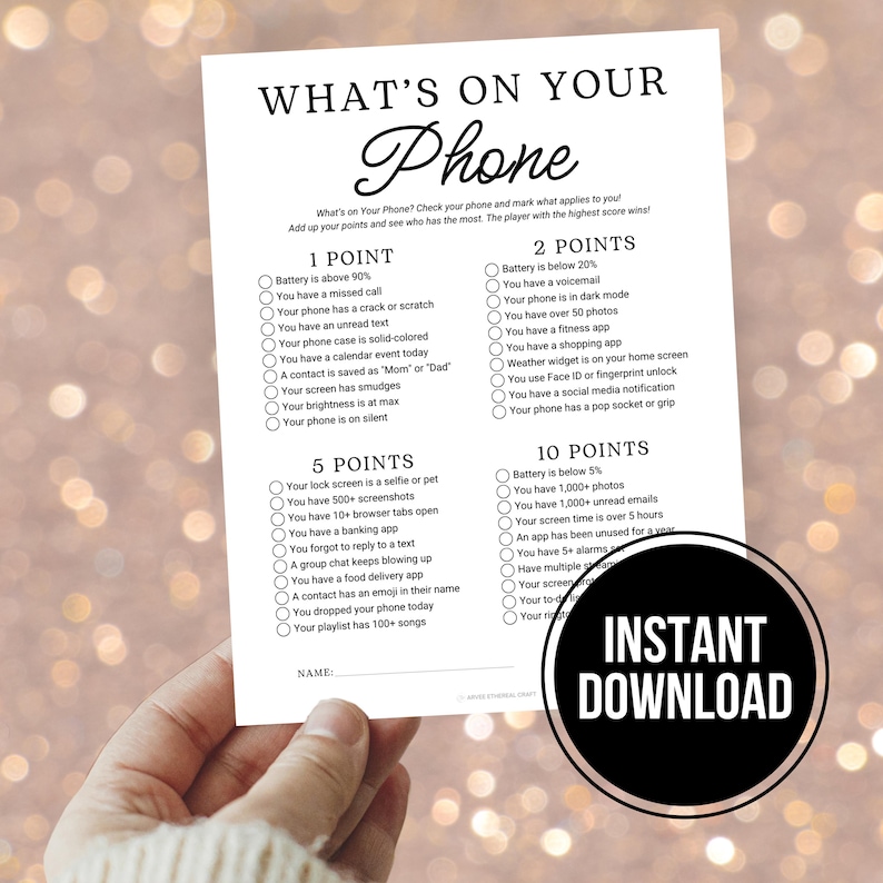 An Etsy image listing photo featuring What’s On Your Phone Game, Printable Cell Phone Game, Family Reunion Games, Birthday Party Ice Breaker Games, Office Team Building Games for a digital product for sale by Arvee Ethereal Craft.