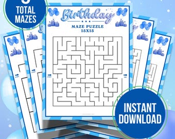 May include: A stack of birthday-themed maze puzzles. The main puzzle is 15x15, with the word "Birthday" at the top. The image includes the text "5 TOTAL MAZES" and "INSTANT DOWNLOAD" in blue circles. The background is light blue.