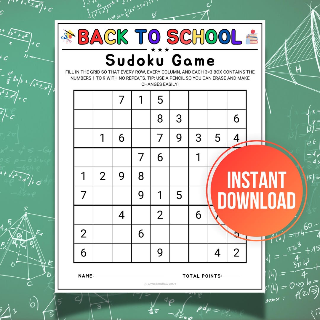 Back to School Sudoku Puzzles, Printable Sudoku Game, Number Puzzles ...