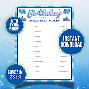 Scrambled Words Game, Birthday Printable Jumbled Words Game, Kids Word Scramble Game, Unscramble Words, Blue Birthday Party Games for Him