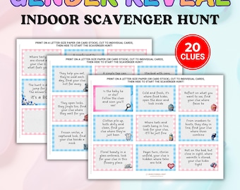 Gender Reveal Scavenger Hunt Clues, Gender Reveal Ideas, Indoor Treasure Hunt Clues, Printable Gender Reveal Games, Baby Shower Party Games