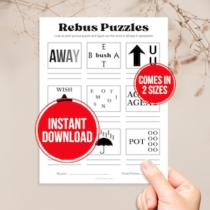 May include: A white printable Rebus Puzzles sheet with black text and illustrations. The sheet includes the text "Rebus Puzzles" and "Look at each picture puzzle and figure out the word or phrase it represents!" with the words "Instant Download" and "Comes in 2 Sizes".