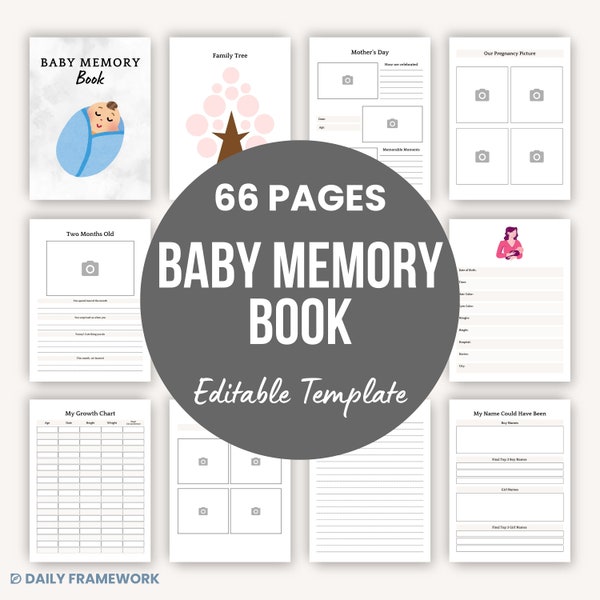 Baby Memory Book, Pregnancy Journal, Printable Growth Chart, Birth Plan Template, Newborn Baby Photo Album, Baby Monthly Milestone, Canva