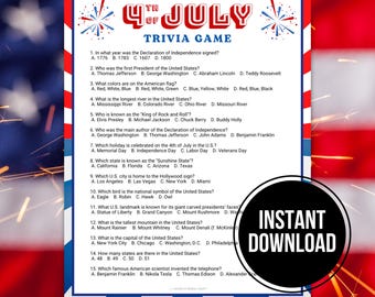 4th of July Trivia Game, Printable American History Facts USA Trivia Quiz, Independence Day Patriotic Activity Games, Family Reunion Games
