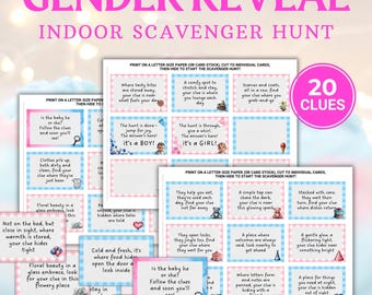 May include: A gender reveal scavenger hunt game with 20 clues printed on blue and pink cards with a checkered pattern. The cards feature illustrations of various objects and activities, such as a baby bottle, a pair of shoes, a plate of food, and a stack of clothes.
