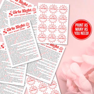An Etsy image listing photo featuring Left Right Game, Pass The Prize Gift Present Game, Printable Friendsgiving Galentines Ladies Night Sleepover Slumber Party Girls Night Games for a digital product for sale by Arvee Ethereal Craft.
