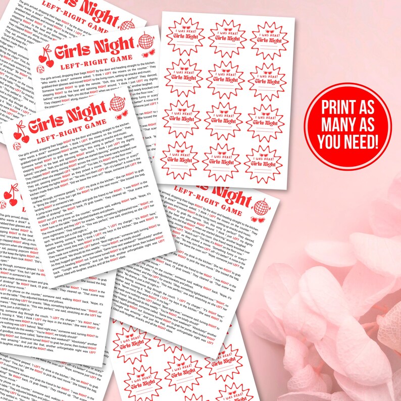 An Etsy image listing photo featuring Left Right Game, Pass The Prize Gift Present Game, Printable Friendsgiving Galentines Ladies Night Sleepover Slumber Party Girls Night Games for a digital product for sale by Arvee Ethereal Craft.