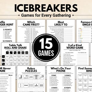 May include: A collection of 15 icebreaker games for gatherings. The image features various game cards with titles like "Selfie Tiger Hunt," "Which Came First?" and "Most Likely To." The games include word puzzles and emoji challenges.