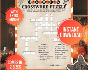 Printable Halloween Crossword Puzzle Game, Crossword Game, Word Puzzle Game, Halloween Puzzle, Brain Teasers Halloween Party Classroom Games