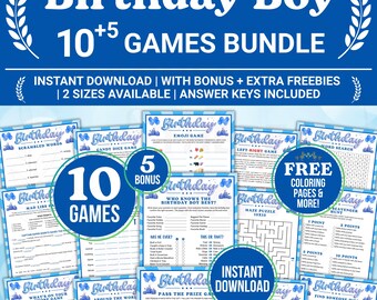 May include: A blue and white birthday game bundle for a birthday boy. The bundle includes 10 games, 5 bonus games, and free coloring pages. The text on the image says "Birthday Boy 10+5 Games Bundle".