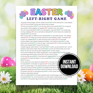May include: A printable Easter game for kids. The game is called "Left-Right Game" and involves following directions to find Easter eggs. The game is illustrated with colorful Easter eggs and flowers.