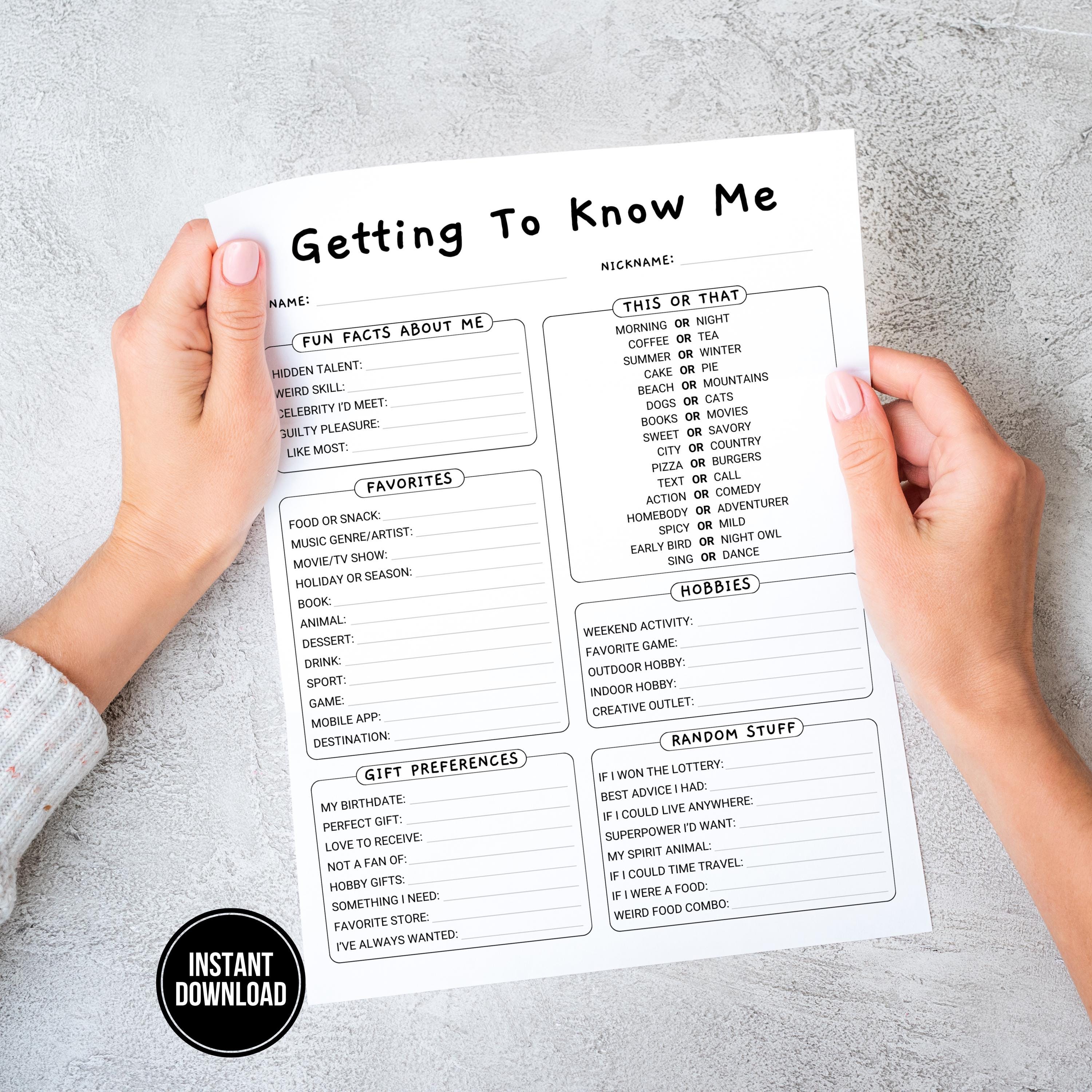 Team Building Get to Know Me Questionnaire Printable My Favorite Things ...