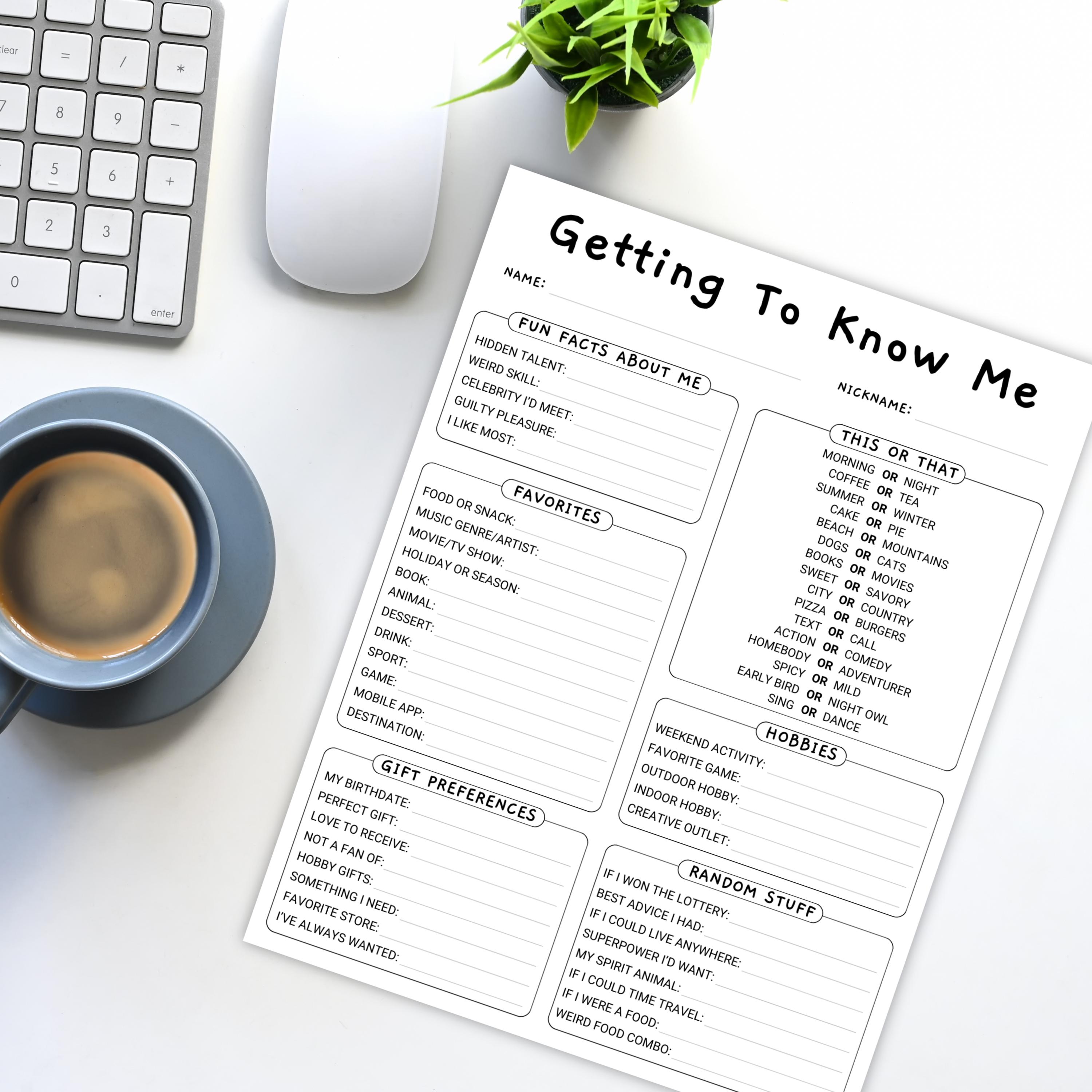 Team Building Get to Know Me Questionnaire Printable My Favorite Things ...