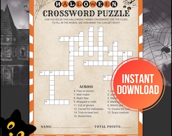 Halloween Crossword Puzzle Game, Printable Crossword Game, Word Puzzle Game, Halloween Puzzle, Brain Teasers Halloween Party Classroom Games