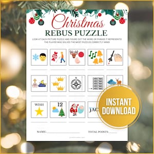 Op de afbeelding: Een kerst-rebuspuzzel met verschillende beeldhints. De puzzel bevat afbeeldingen zoals een sneeuwvlok, een lachend gezicht en een ster. De woorden "Christmas" en "Instant Download" zijn ook zichtbaar.