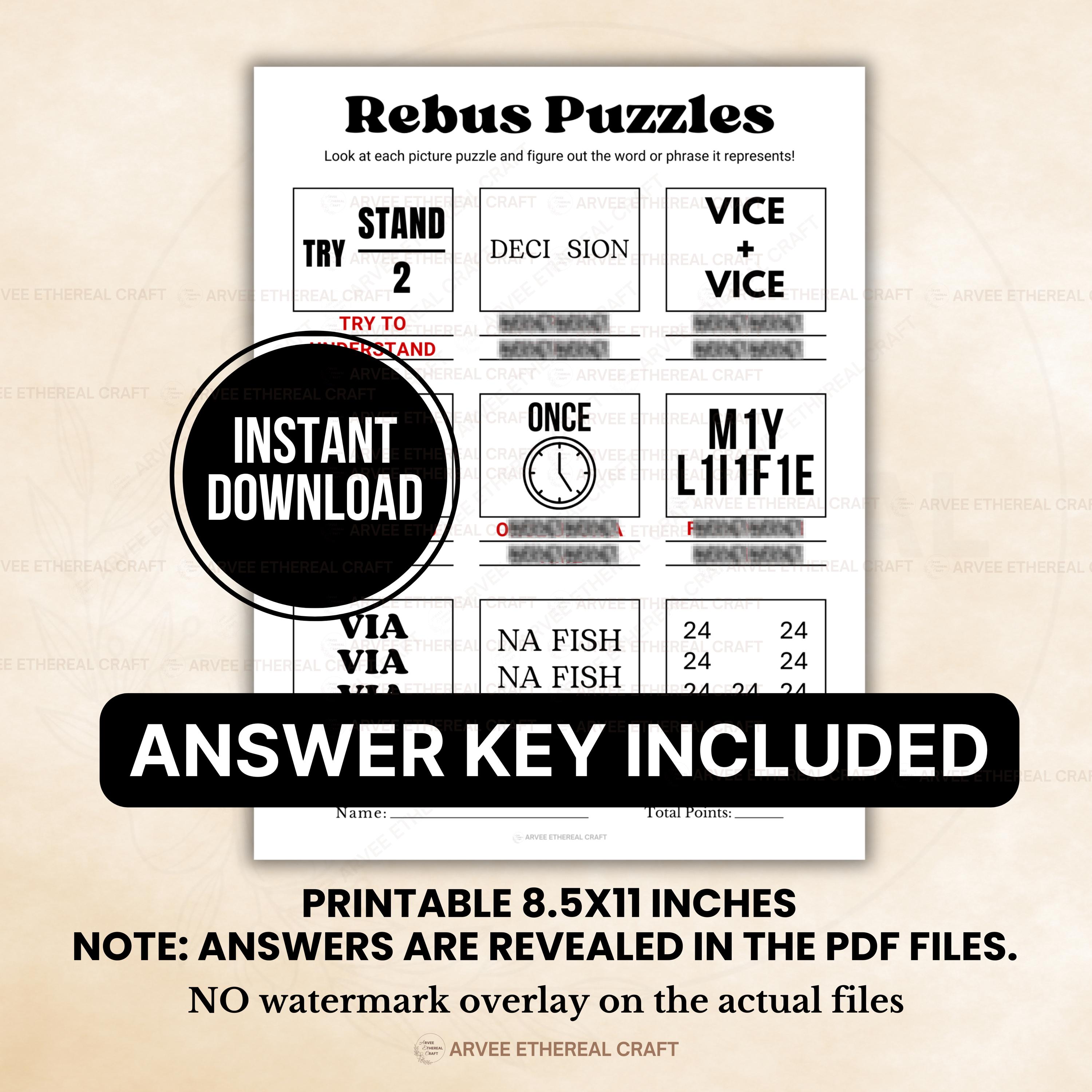 Rebus Puzzle Game Printable, Picture Puzzle Quiz, Brain Teasers, Family ...