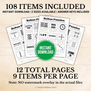 K&ouml;nnte beinhalten: Druckbare Rebus-R&auml;tsel mit dem Text "108 ITEMS INCLUDED" und "INSTANT DOWNLOAD". Die R&auml;tsel sollen die F&auml;higkeiten zur Probleml&ouml;sung herausfordern. Enth&auml;lt Antwortschl&uuml;ssel und ist in zwei Gr&ouml;&szlig;en erh&auml;ltlich.