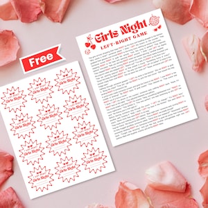 An Etsy image listing photo featuring Left Right Game, Pass The Prize Gift Present Game, Printable Friendsgiving Galentines Ladies Night Sleepover Slumber Party Girls Night Games for a digital product for sale by Arvee Ethereal Craft.