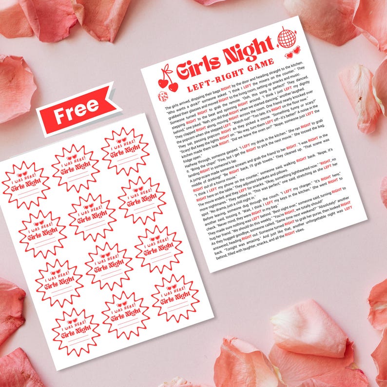 An Etsy image listing photo featuring Left Right Game, Pass The Prize Gift Present Game, Printable Friendsgiving Galentines Ladies Night Sleepover Slumber Party Girls Night Games for a digital product for sale by Arvee Ethereal Craft.