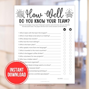 An Etsy image listing photo featuring Office Team Building Games, Printable How Well Do You Know Your Team, Staff Meeting Trivia, Coworker Activity Ice Breaker Office Party Games for a digital product for sale by Arvee Ethereal Craft.