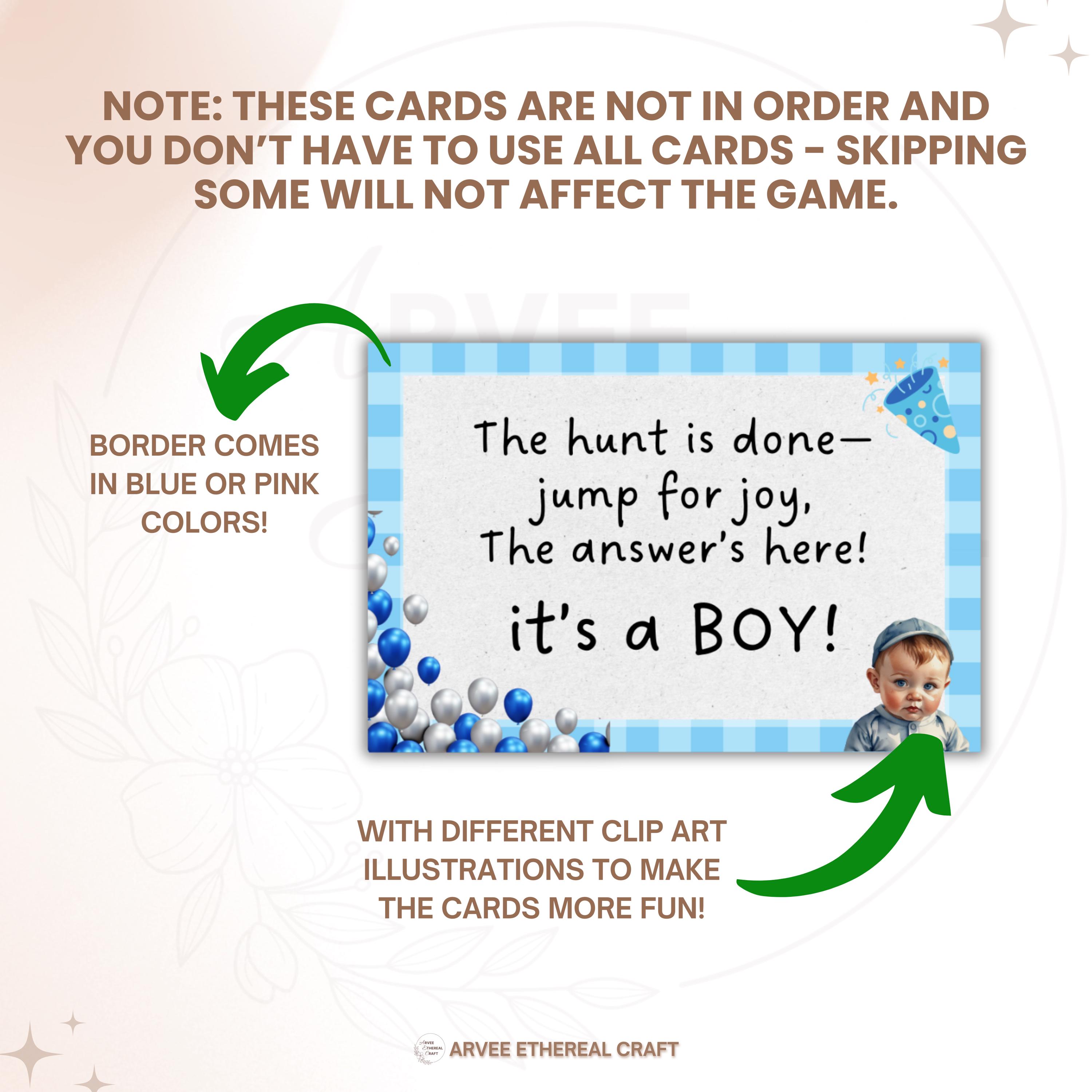 Printable Gender Reveal Scavenger Hunt Clues, Gender Reveal Ideas ...