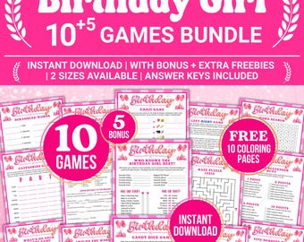 May include: A pink and white digital download bundle for a birthday girl, featuring 10 games and 5 bonus games. Includes coloring pages, emoji games, and more. Text reads "Birthday Girl 10+5 Games Bundle".