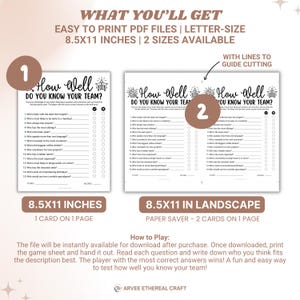 An Etsy image listing photo featuring Office Team Building Games, Printable How Well Do You Know Your Team, Staff Meeting Trivia, Coworker Activity Ice Breaker Office Party Games for a digital product for sale by Arvee Ethereal Craft.