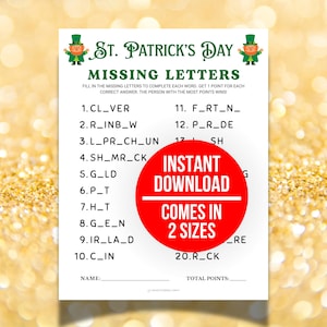Puede incluir: Un juego de letras perdidas con temática del Día de San Patricio. El juego imprimible presenta un diseño verde y blanco con ilustraciones de duendes. El juego incluye el texto "Instant Download Comes in 2 Sizes".