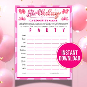 Birthday Categories Game, Printable Category Game, Word Categories, Brain Teaser, Ice Breaker, Kids Pink Girl Birthday Party Games for Her