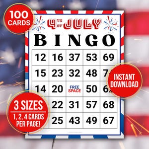 4. Juli Bingo Kartenspiel, druckbare 100 Vaterländische Bingokarten Ferien Bingo, Familientreffen Spiele Party, Eisbrecher Teambildungsspiele
