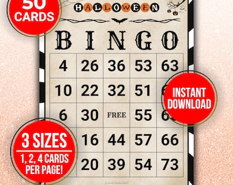 May include: Halloween Bingo game card with a black and white border. The card features the word "BINGO" and numbers. Includes text that says "50 Cards", "3 Sizes", and "Instant Download". The theme is Halloween.