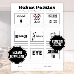 May include: A white printable sheet with rebus puzzles. The sheet includes the title "Rebus Puzzles" and instructions. The puzzles feature words and images, such as "stood" with a stick figure, and "AID AID AID". Includes the text "INSTANT DOWNLOAD" and "COMES IN 2 SIZES".