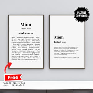 May include: Two black and white printable posters with the word "Mom" defined as a noun. The first poster lists many other terms for "Mom" and the second poster describes the role of a mother.