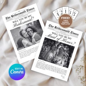 以下が含まれることがあります： 「Will You Be My Bridesmaid?」と「Will You Be My Maid of Honor?」のタイトルと写真が入った、白黒の新聞スタイルの招待状。テーブル番号テンプレートが含まれています。